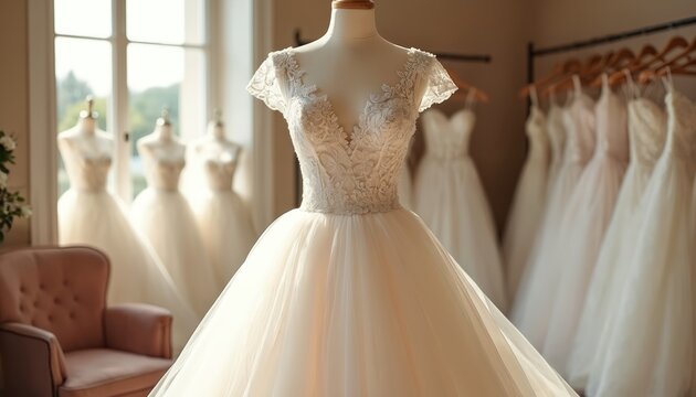 Close up shot of elegant wedding dress with lace bodice and full tulle skirt. Multiple bridal gowns displayed on hangers in a bright boutique.