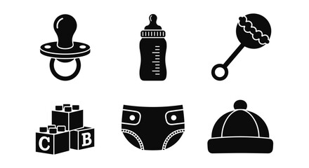 Black and white baby essentials icons: pacifier, bottle, rattle, blocks, diaper, hat