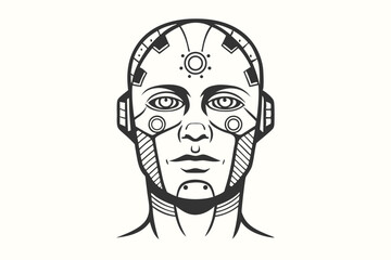 Detailed monochrome cybernetic robot portrait showcases futuristic technology with angular design elements