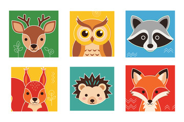 Obraz premium Colorful flat animal portraits: deer, owl, raccoon, squirrel, hedgehog, fox