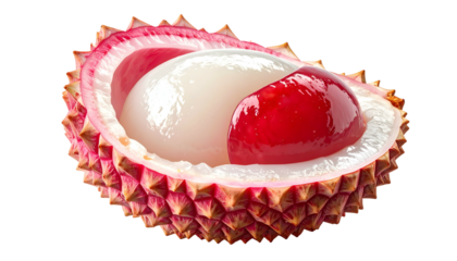 Cut-open tropical fruit reveals translucent white flesh & red, juicy section