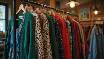 Obraz premium Clothes hang on rack in vintage shop. Garments present diverse styles. Apparel ranges from casual to statement pieces. Boutique curated collection of attire. Soft lighting textures. Shopping in retro