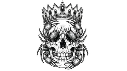 Vintage Engraving Skull with Crab and Royal Crown
