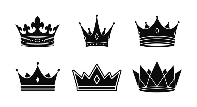 Collection of black silhouette crown icons on white background