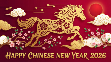 Happy Chinese New Year 2026, Horse zodiac sign on red background. Elements with craft horse and sakura paper cut style. Translation happy new year, Year of the horse.