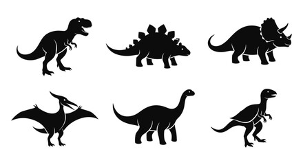 Silhouette dinosaur set: t-rex, stegosaurus, triceratops, pterodactyl, brachiosaurus, velociraptor