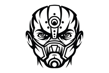 Cybernetic woman with symmetrical dark hair and futuristic interfaces creates a distinct appearance