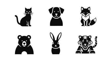 Fototapeta premium Silhouette collection of animal icons featuring cat, dog, fox, bear, rabbit, and tiger in black