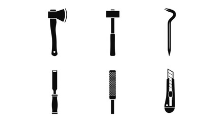 Collection of hand tools silhouette set in black: axe, hammer, crowbar, chisel, rasp, utility knife