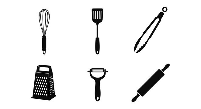 Essential kitchen tools silhouette set for cooking and baking enthusiasts