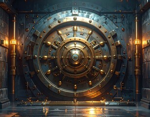 Obraz premium A colossal, ornate vault door dominates the frame, exuding a sense of security. Its intricate details and warm lightings add to the allure