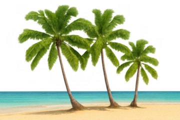 Three vibrant coconut palm trees swaying on a sunny tropical beach with clear turquoise ocean water, transparent background