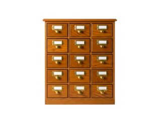 Vintage Wooden Card Catalog Cabinet with Multiple Drawers.