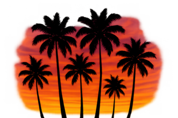 Palm trees silhouette against a vibrant tropical sunset sky, summer vacation beach concept, transparent background