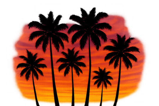 Palm trees silhouette against a vibrant tropical sunset sky, summer vacation beach concept, transparent background - Powered by Adobe