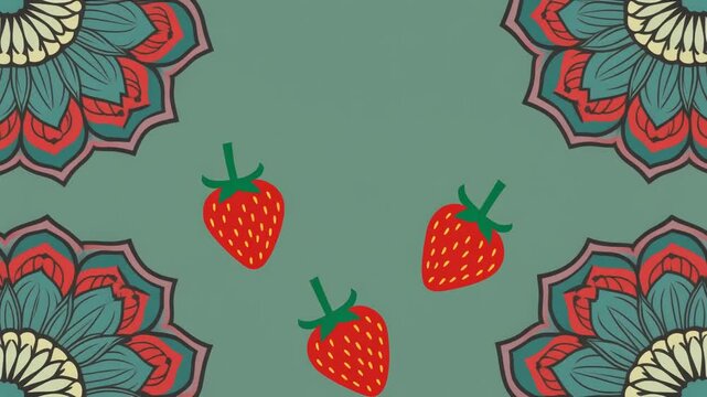 Seamless summer floral pattern with sweet red strawberries, green leaves, and delicate flowers for decoration, wallpaper, or textile design. strawberries falling downward in smooth flow,