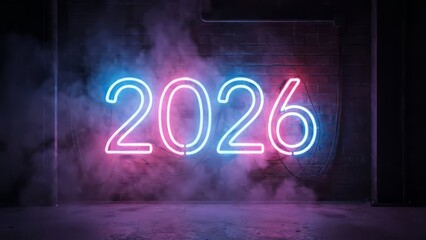 Exciting 2026 neon glow against a smoky brick wall backdrop, ideal for upcoming events, calendars, or futuristic themed designs