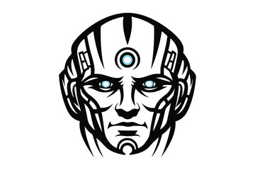 Striking stylized robotic head displays intricate geometric paneling and piercing white eyes in dark monotone