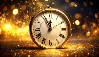 Stunning gold pocket watch nears midnight surrounded by vibrant golden bokeh light creating a festive countdown atmosphere