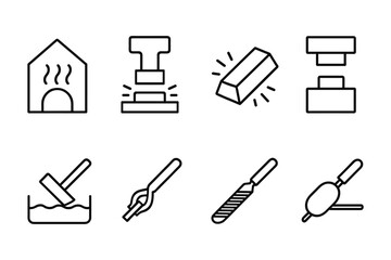 Linear icons of metal forging tools and processes in black and white