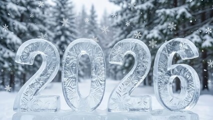 Sparkling ice sculpture of 2026 for a frosty New Year celebration in a winter wonderland with falling snowflakes and a forest backdrop
