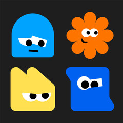 Set of four cute colorful geometric cartoon characters with funny faces isolated on black background