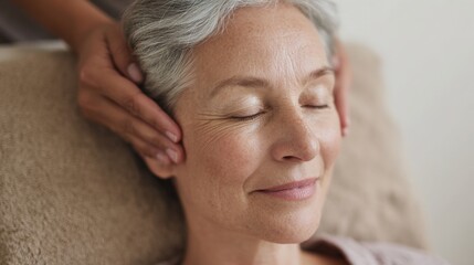 Close-up of a woman's face with her eyes closed and her head resting on a beige cushion. she appears to be relaxed and enjoying a massage.