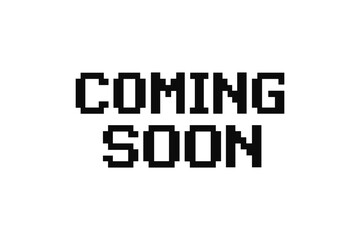 Retro pixel art 'coming soon' text on white background