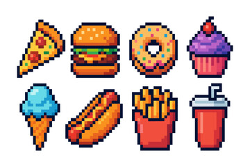 Colorful pixel art fast food icons: pizza, burger, donut, cupcake, ice cream, hot dog, fries, drink