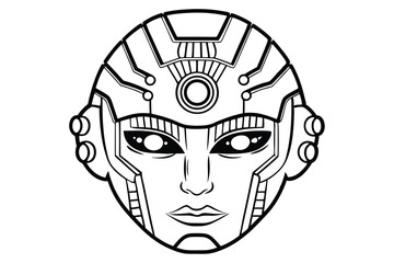 Robotic character with glowing eyes looks forward in this black and white image