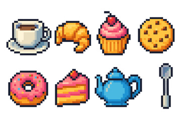 Pixel art breakfast set: coffee, pastries, and tea elements