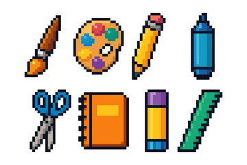 Retro pixel art school supplies set featuring paintbrush, palette, pencil, marker, scissors, notebook, glue, and ruler