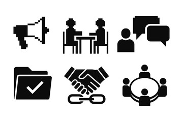 Minimalist business communication icons set featuring megaphone and meeting symbols