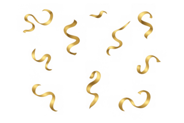 Collection of elegant golden swirling ribbons and streamers for festive celebrations and party decorations isolated on transparent background