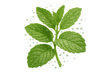 Naklejka premium Fresh green mint sprig with water drops and transparent background, highlighting natural freshness and organic ingredients