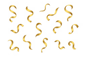 Collection of elegant golden ribbons and streamers in various flowing shapes isolated on transparent background