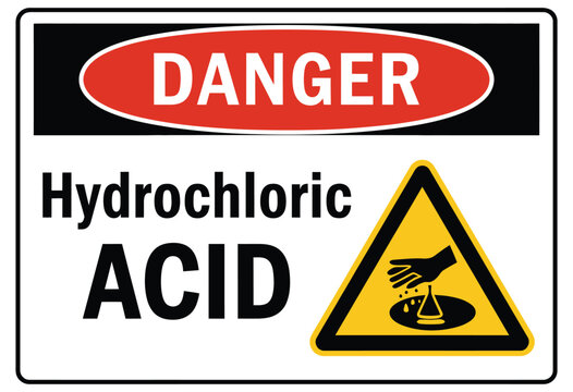 Hydrochloric Acid Sign and Labels, vector design featuring chemical hazard warnings, safety symbols, corrosive material icons, clear typography, workplace safety notice, laboratory and industrial safe