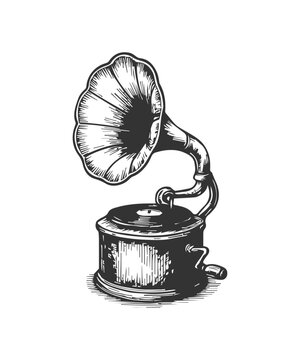Simple hand drawn gramophone icon sketch, engraved ink illustration.