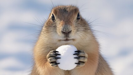 Cute animal holding a snowball in its paws, surrounded by a snowy landscape, showcasing winter playfulness and the joy of nature in a serene environment