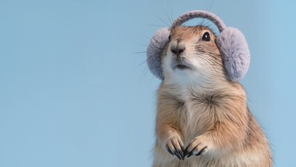 Cute small mammal wearing fluffy earmuffs, sitting upright against a soft blue background, showcasing adorable expression and playful demeanor in a whimsical setting