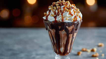 Tall chocolate ice cream sundae topped with whipped cream, nuts, and syrup, served in a classic glass cup, bright dessert lighting.