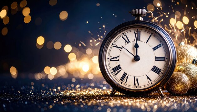 Elegant antique clock strikes midnight amidst dazzling gold bokeh and sparkling holiday celebration atmosphere - Powered by Adobe