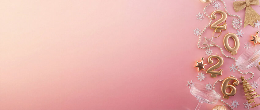 New year 2026 celebration greeting card background Gold numbers 2026 with golden party decoration, stars confetti on pink background. Flat lay, Merry Christmas, Noel happy New Year holidays banner