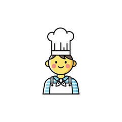 Cartoon chef character with a white hat and blue checkered apron on a white background Keywords: chef, cook, cartoon, character, illustration, person, man, boy, kid, food