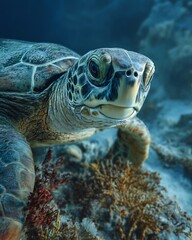 Fototapeta premium Majestic Sea Turtle Gliding Over Vibrant Coral Reef in Clear Ocean Waters, Capturing the Serenity of Marine Life with Detailed Textures and Natural Lighting, 4K Detail