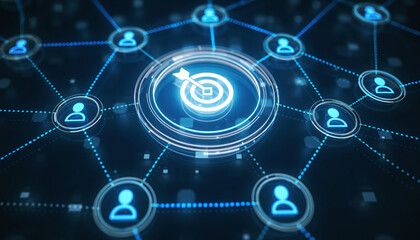Digital Network: A luminous digital network pulsates with interconnectivity, centered around a target, symbolizing the intricate web of human interaction in our modern, technology-driven world. 
