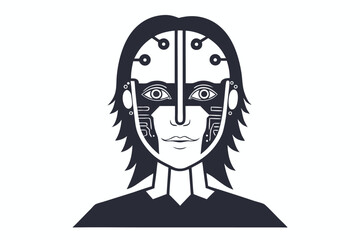 Robot face wearing a futuristic helmet connected to circuitry in black and white