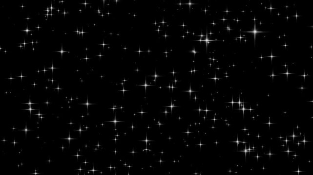 White glowing stars sparkle blinking retro vector dots twinkling starry night sky looping animation doodle glitter trail magic dust shimmer particle on black background	