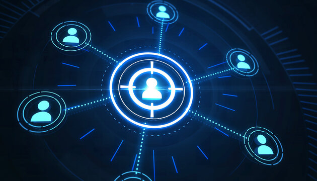 Network of Connections: A vibrant display of interconnected human icons forms the core of a digital network.