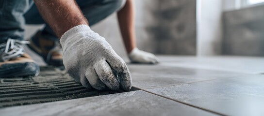 A worker installing ceramic floor tiles, carefully aligning them over adhesive. Gloved hands, tools, and close-up details highlight precision, craftsmanship, and professional construction work.